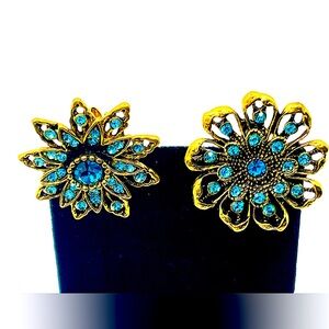 Blue Floral Brooch Set with Austrian Crystals in Gold Tone Setting